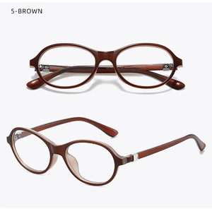 Brown TR90 oval full-frame glasses with silver heart-shaped temple detail and sleek finish