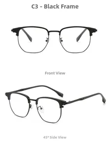 Front and 45-degree side view of classic black TR90 half-rim business glasses