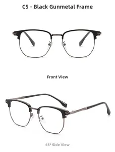 Front and 45-degree views of black and gunmetal browline glasses frames in business style