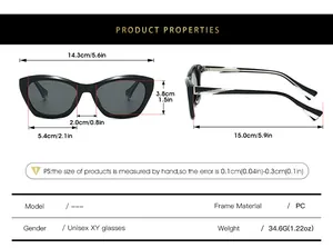 Detailed size chart for cat eye sunglasses with frame width and arm length measurements