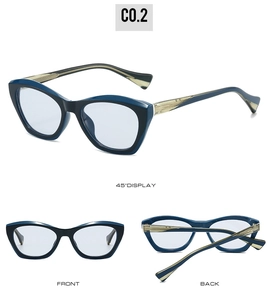 Three perspectives of cat-eye frames in dark blue and black with gold temple details