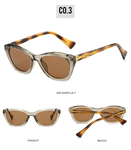 Detailed views of translucent grey cat eye sunglasses with tortoiseshell temples and brown lenses