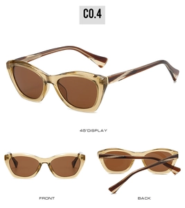 Detailed multi-angle view of cat-eye sunglasses with tea brown frames and textured temples