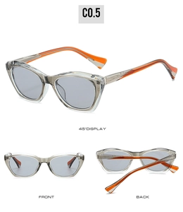 Cat-eye sunglasses with transparent grey frame and bright orange temples shown in multi-angles
