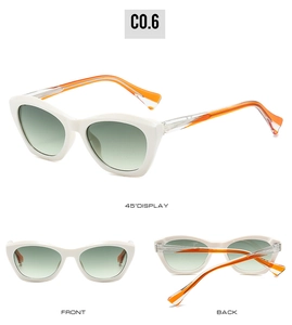 Three-way view of cat eye sunglasses with ivory frame and orange accented temples