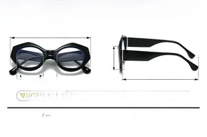 Detailed dimensions of black oval polygon sunglasses with PC frame measurements