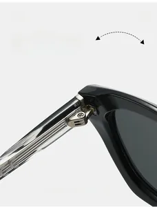 Close-up of durable metal hinge on black cat-eye sunglasses with transparent gray arms