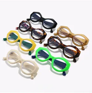 Collection of retro hexagonal chunky eyeglass frames in seven colors with anti-blue lenses