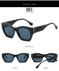Detailed views of vintage cat-eye sunglasses with thick black frames and gold accents