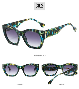 Three-way view of cat eye sunglasses with multi-color tortoiseshell frame and purple lenses