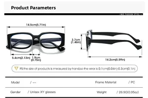 Detailed size chart for rectangular sunglasses showing frame width and temple measurements