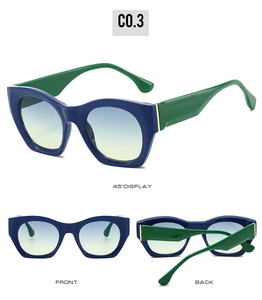 Three-angle views of blue cat-eye sunglasses with green temples and gradient lenses