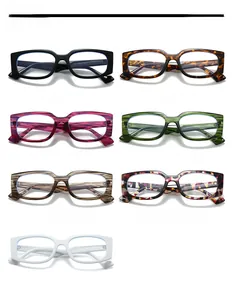 Detailed grid of retro square sunglasses in seven diverse colors and patterns