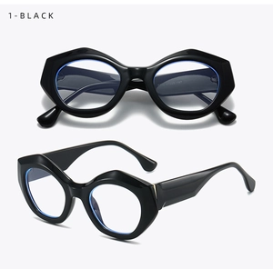 Detail view of black oval chunky frame sunglasses with wide temples and clear lenses
