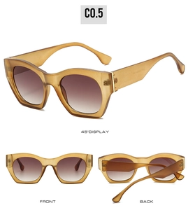 Detailed multi-angle view of vintage cat-eye sunglasses with amber frames and brown lenses
