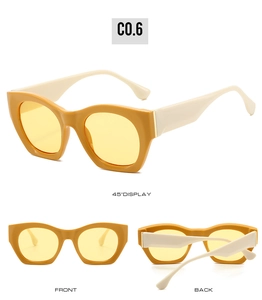 Three-way view of mustard yellow cat eye sunglasses with beige temples and tinted lenses