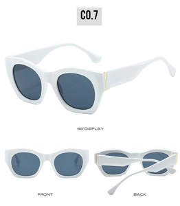 Three-view display of vintage cat-eye white frame sunglasses with gold metal hinges