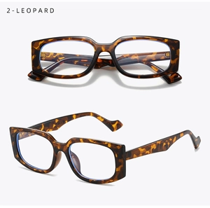 Detailed views of leopard print rectangular sunglasses with unique wavy temple design