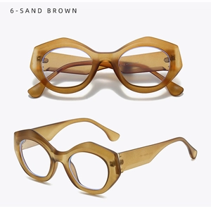 Macro shot of geometric sand brown matte frames and transparent blue light lenses