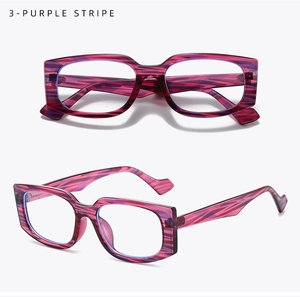 Detail of purple stripe rectangular glasses with polished finish and blue light lenses