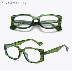 Detail of green stripe acetate eyewear frame with square wide rims and wavy temples
