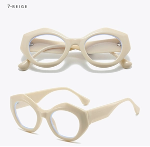Front and 45-degree views of beige geometric thick frame glasses with clear lenses