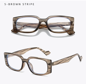 Detail view of square brown stripe acetate glasses frames with anti-blue light lenses
