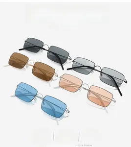 Detail showing five assorted lens colors of screwless rectangular metal sunglasses