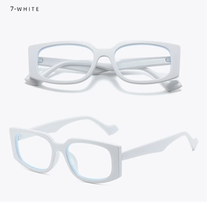 Detail view of bold white rectangular frames with light blue lenses for a retro look