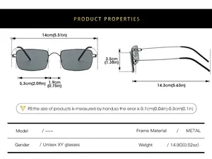 Size chart for rimless metal sunglasses showing width and weight of 14.9g for unisex fit