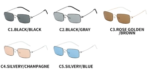 Detailed color options for screwless rectangle sunglasses including black, rose gold and silver