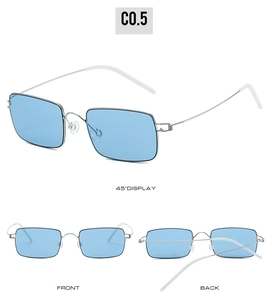 Detail view of screwless silver metal sunglasses with light blue square lenses C0.5