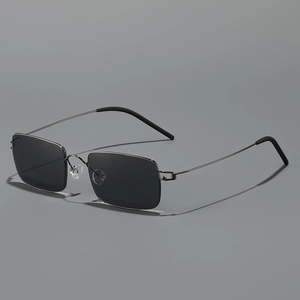 Rectangle metal frame sunglasses with screwless design and dark grey lenses for men