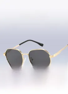 Detail of stylish gold metal polygonal sunglasses with dark lenses and non-slip temples