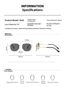 Detailed size specifications for polygon metal sunglasses including frame dimensions