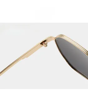 Macro detail of high-quality sturdy metal hinge on gold geometric sunglasses frames