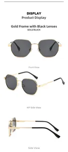 Three-view display of gold polygon metal sunglasses with dark lenses for men and women