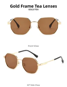 Detailed views of gold polygon sunglasses with tea lenses and wing-shaped relief decoration