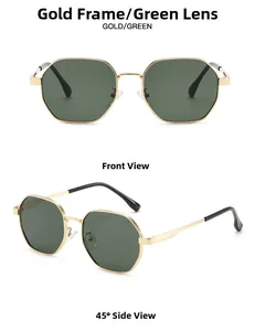 Front and side view of gold metal polygonal sunglasses with green tinted lenses