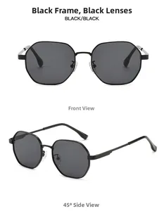 Front and 45-degree side views of polygon metal sunglasses with black polarized lenses