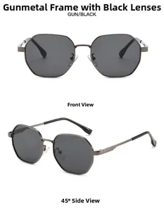 Front and 45-degree side views of gunmetal polygonal metal sunglasses with grey lenses