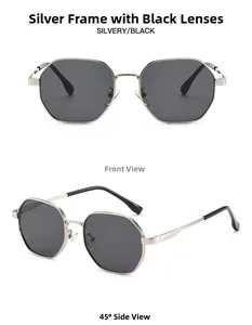 Front and 45-degree angle view of silver metal polygon sunglasses with dark grey lenses