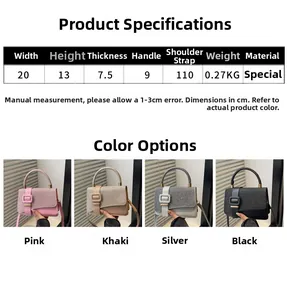 Size chart and color display for minimalist glitter small square shoulder bag