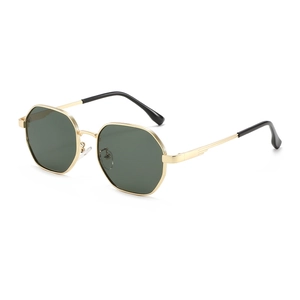 Octagonal gold metal frame sunglasses with dark green lenses for men and women