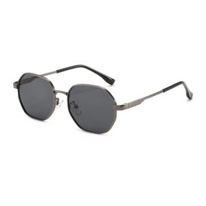 Unisex gunmetal octagonal geometric sunglasses with dark grey lenses and metal frame