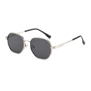 Modern polygonal metal sunglasses with silver frame and dark grey tinted sun lenses