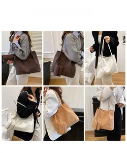Vue détaillée du grand sac cabas avec pochette zippée assortie disponible en trois couleurs