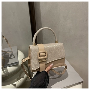Détail de la poignée étincelante sertie de diamants et de la boucle du sac carré abricot