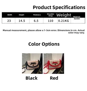 Détails des dimensions du sac à bandoulière à nœud rose avec breloques cœur noir et rouge