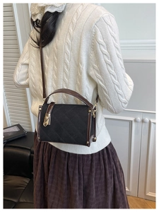 Chic black suede and brown leather crossbody bag with rhombic quilting and gold lock